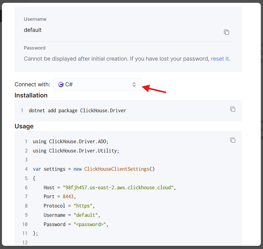 ClickHouse Cloud C# connection details