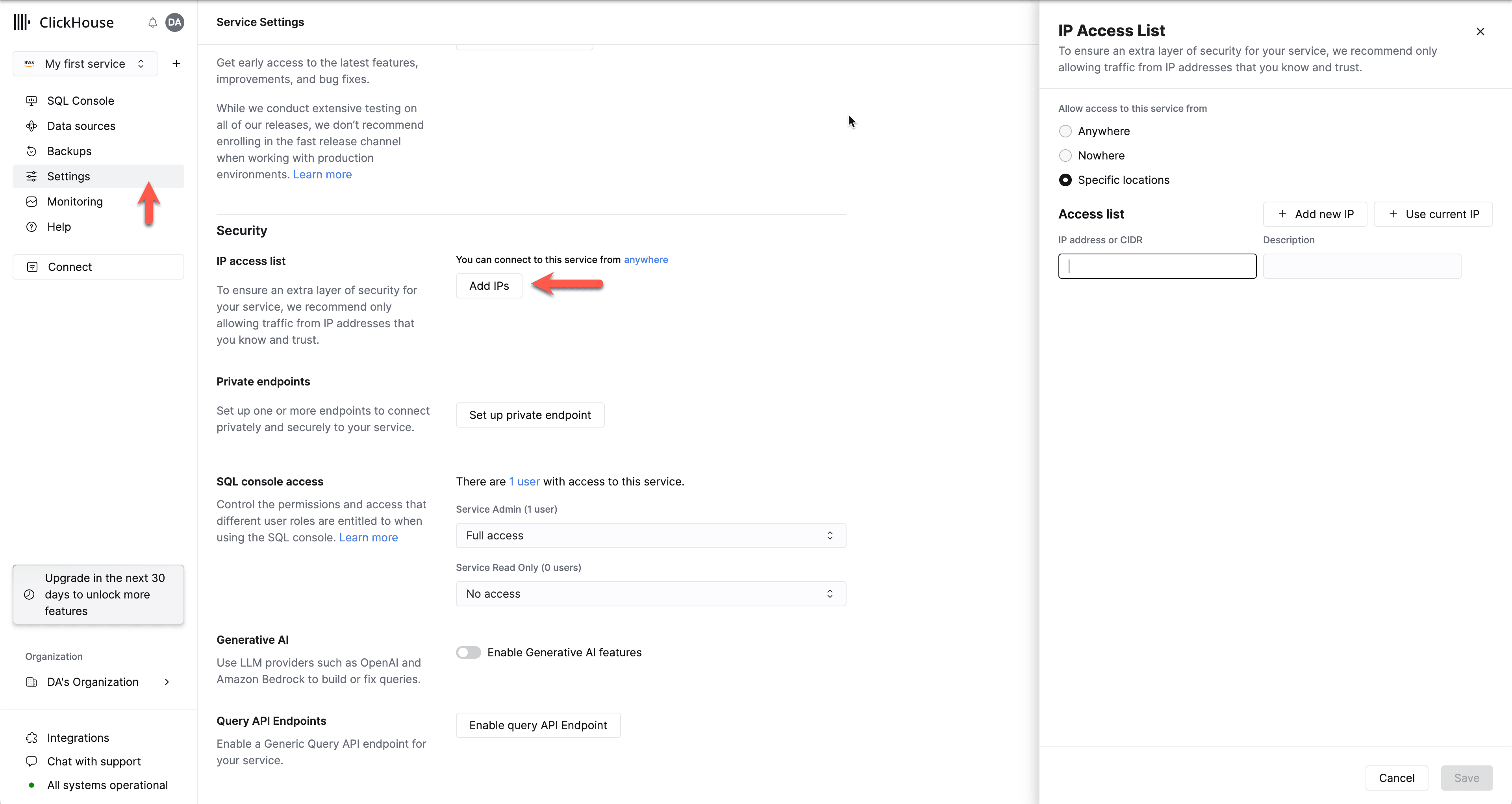Check to see if the service allows traffic from your IP address in the IP Access List