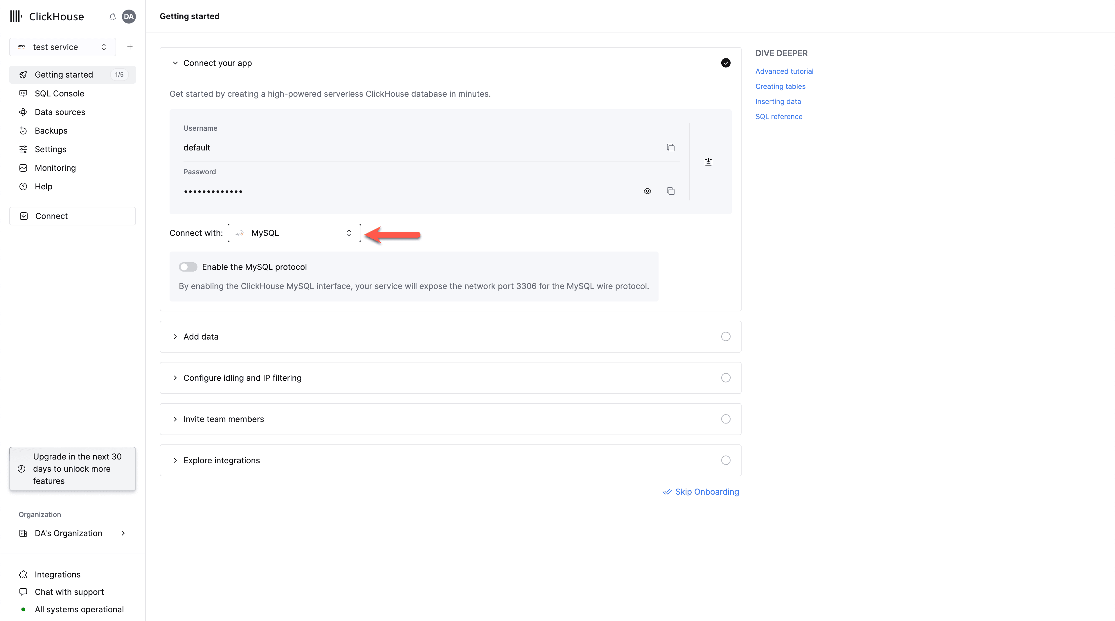 ClickHouse Cloud credentials screen showing MySQL interface selection dropdown