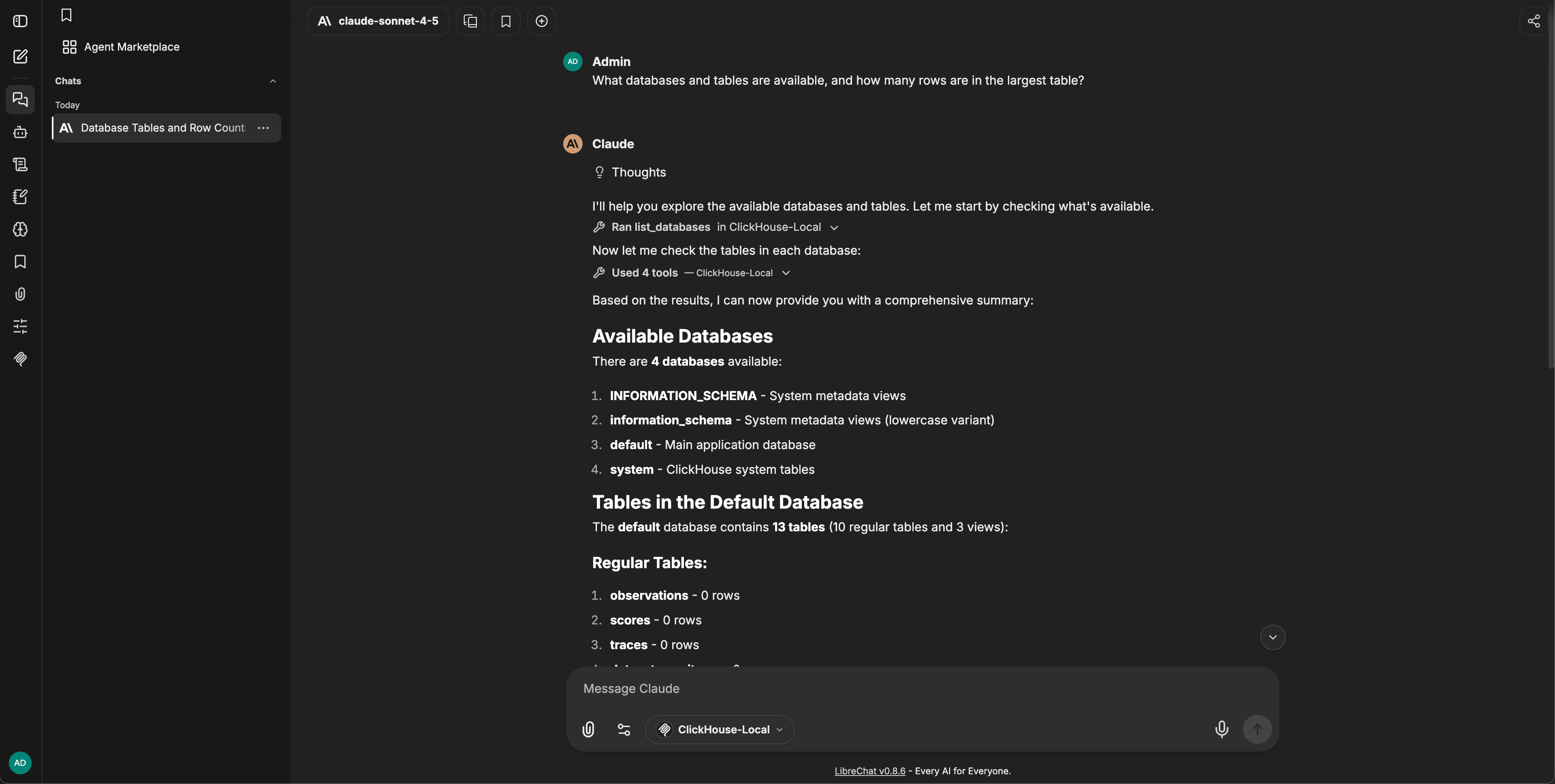 LibreChat answering the example question by calling the ClickHouse-Local MCP tools and listing the available databases and tables