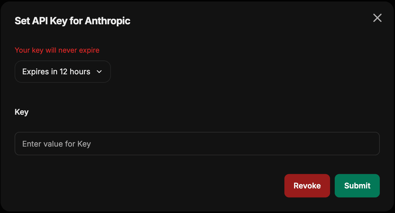The Set API Key for Anthropic dialog with an expiration dropdown, a Key field, and Submit and Revoke buttons
