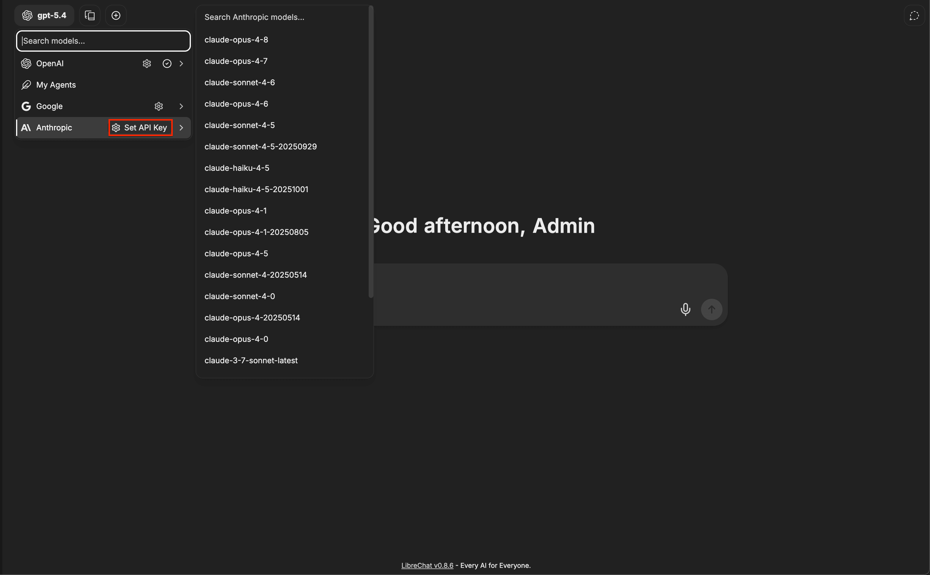 LibreChat model selector with the Set API Key button next to the Anthropic provider