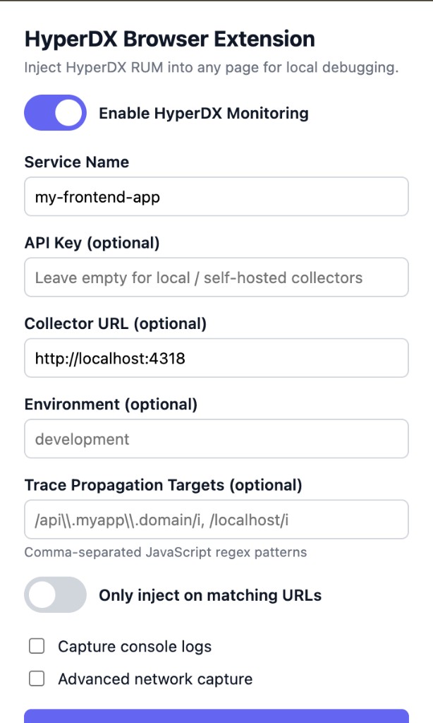 HyperDX Chrome extension configuration popup with local ClickStack settings