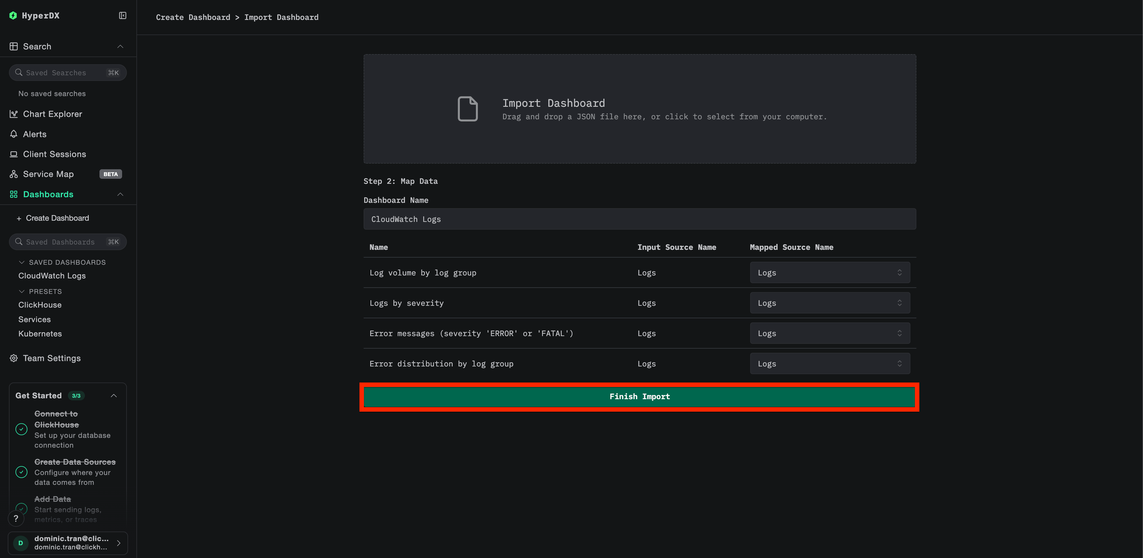 Finish import dialog