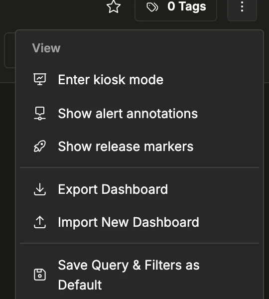 Dashboard overflow menu with the Show release markers item under the View section, below Show alert annotations