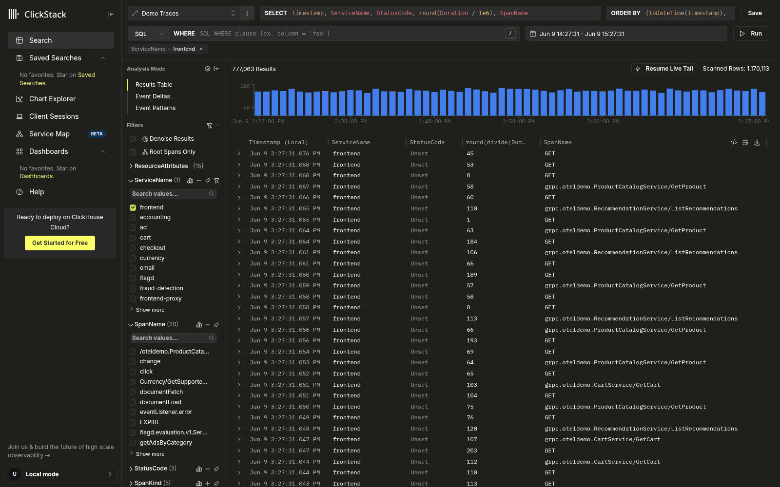 Search page opened on the traces source after a row click, filtered to the clicked service