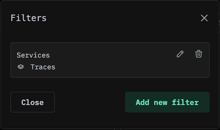 Filters modal showing a configured Services filter