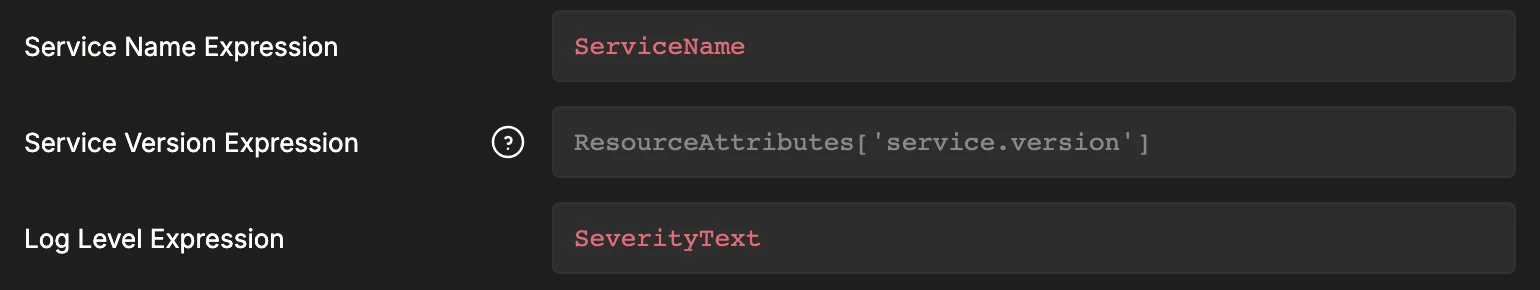 Service Version Expression field in a log source's optional fields, showing the default placeholder ResourceAttributes['service.version']
