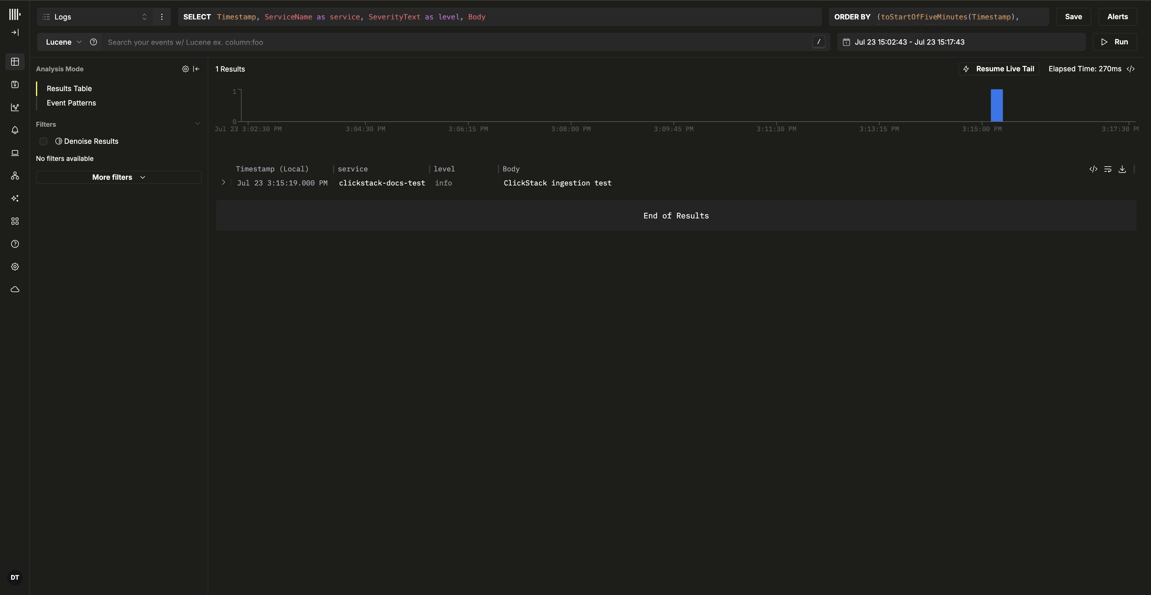 ClickStack logs view showing the ClickStack ingestion test event