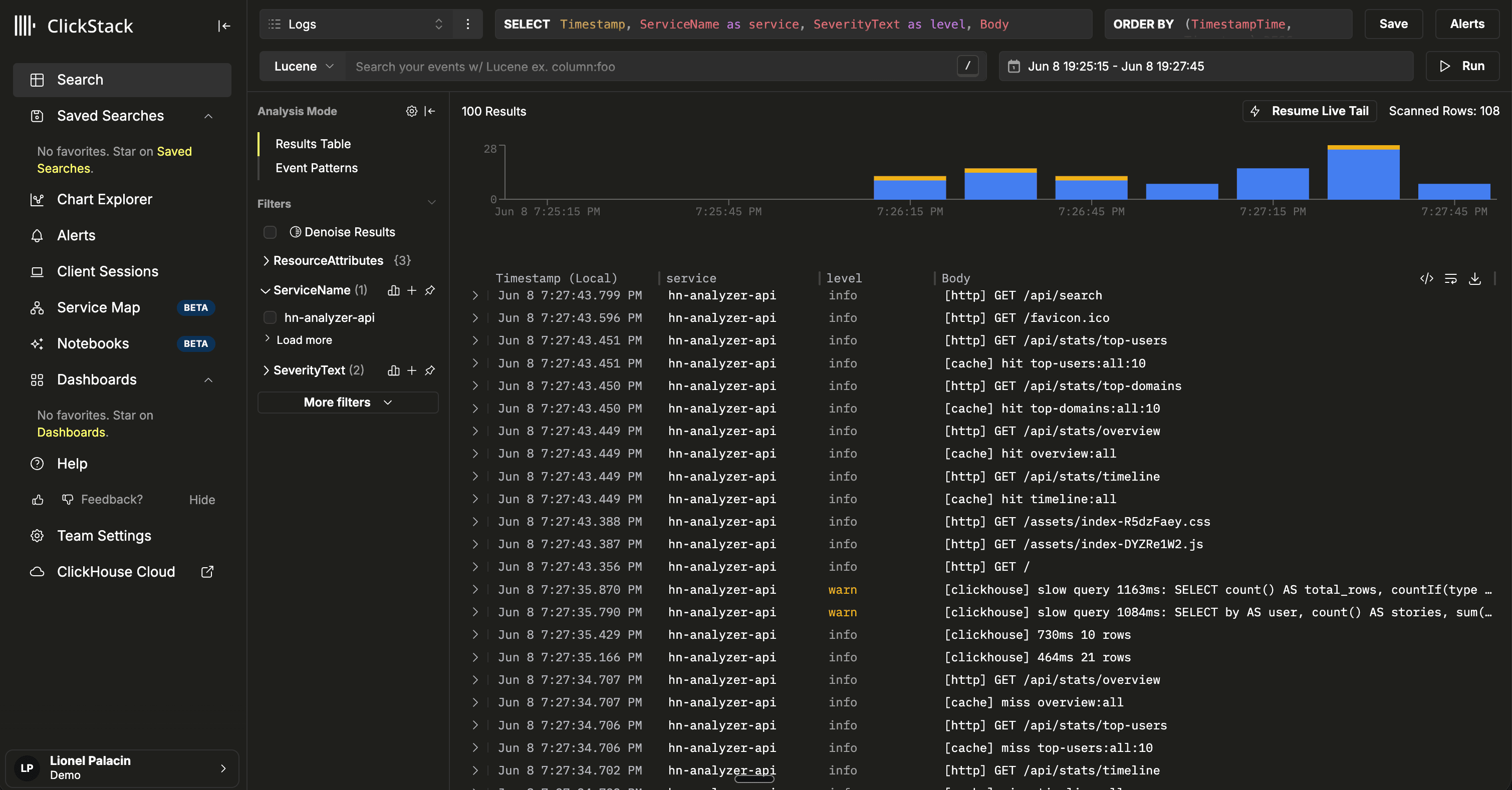 ClickStack search showing hn-analyzer-api logs from the last five minutes