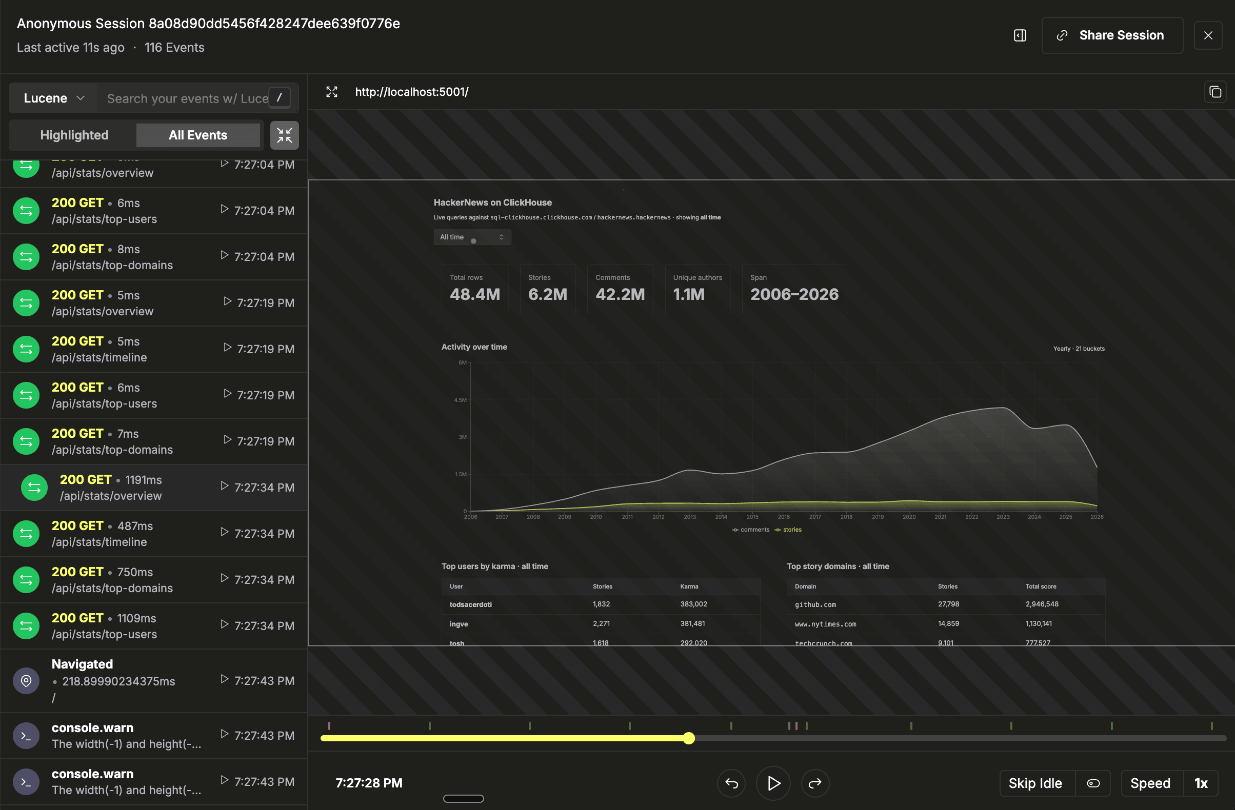 ClickStack session replay synced to the trace timeline