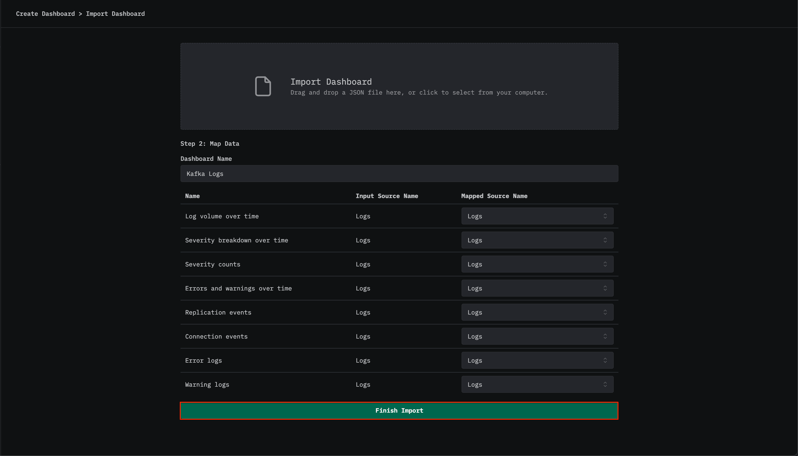 Finish importing Kafka logs dashboard