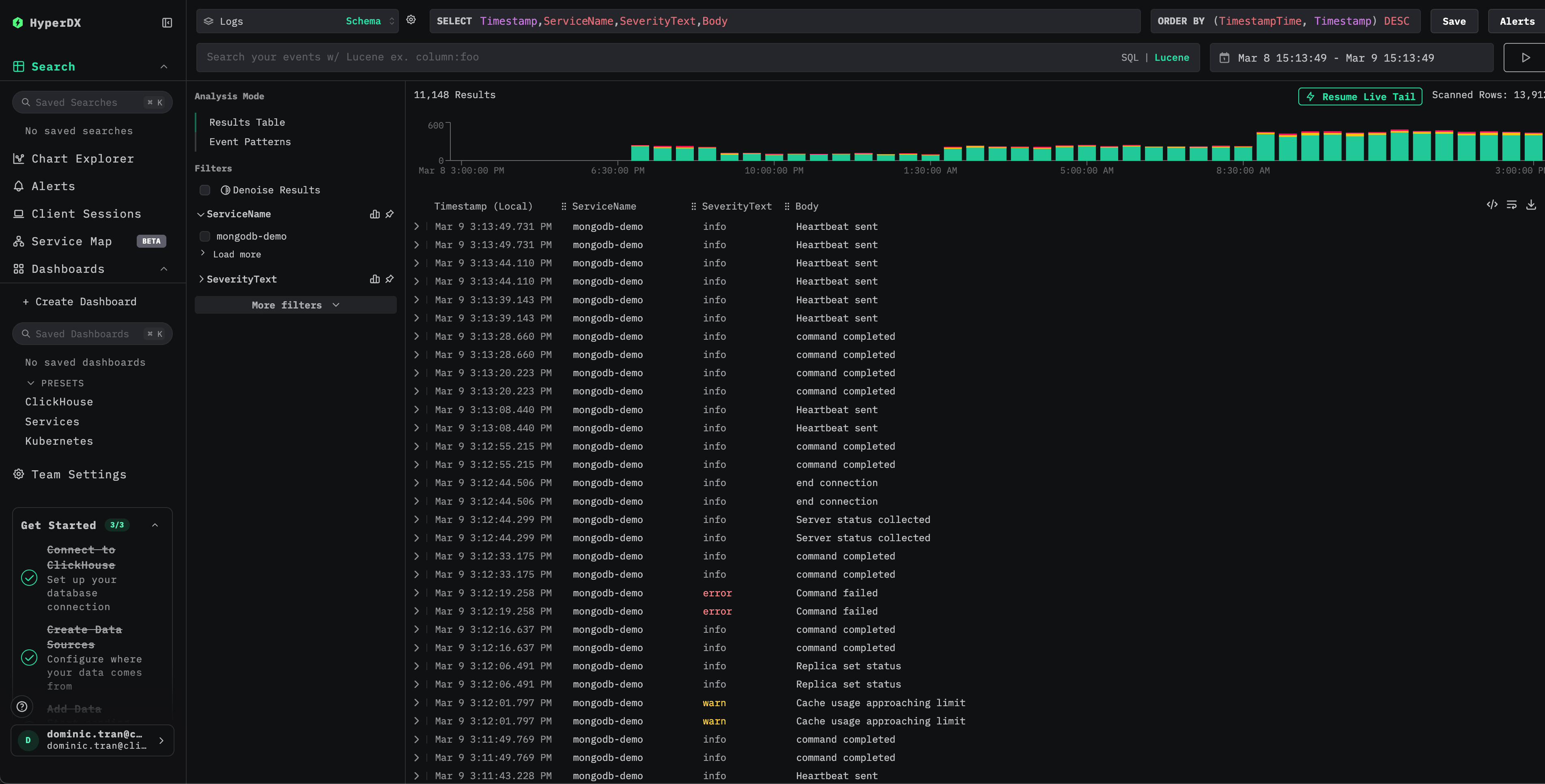 MongoDB logs search view