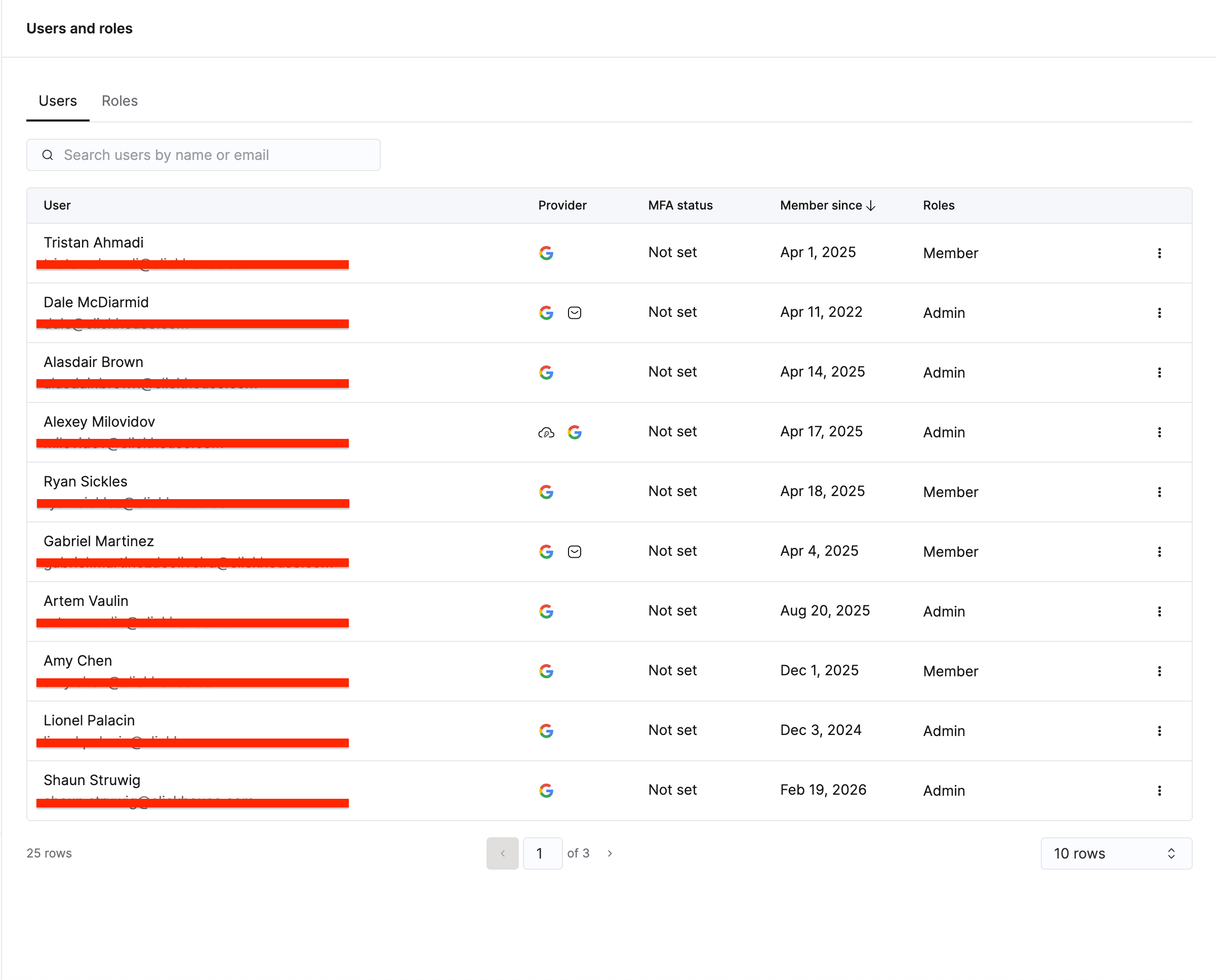 ClickHouse Cloud Users and roles page