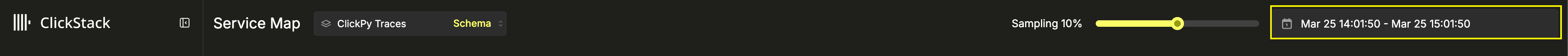 Date range picker highlighted in the service map toolbar