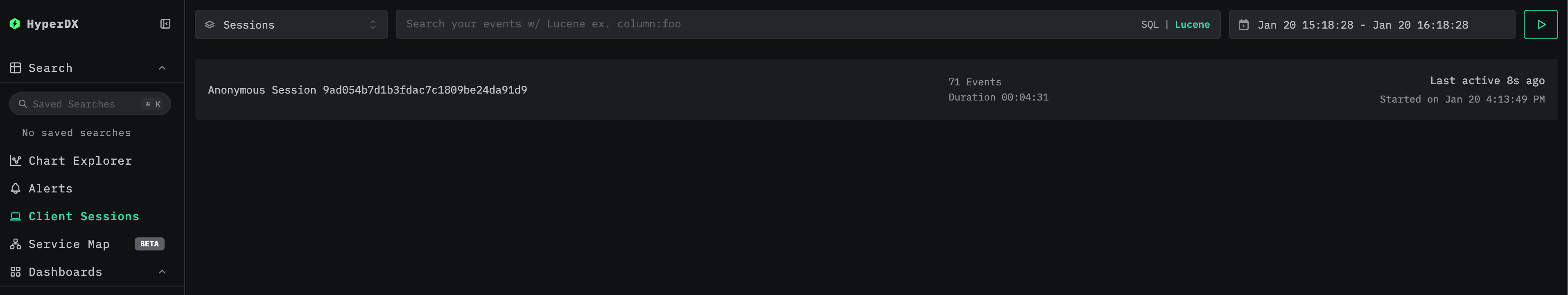 Session replay search view