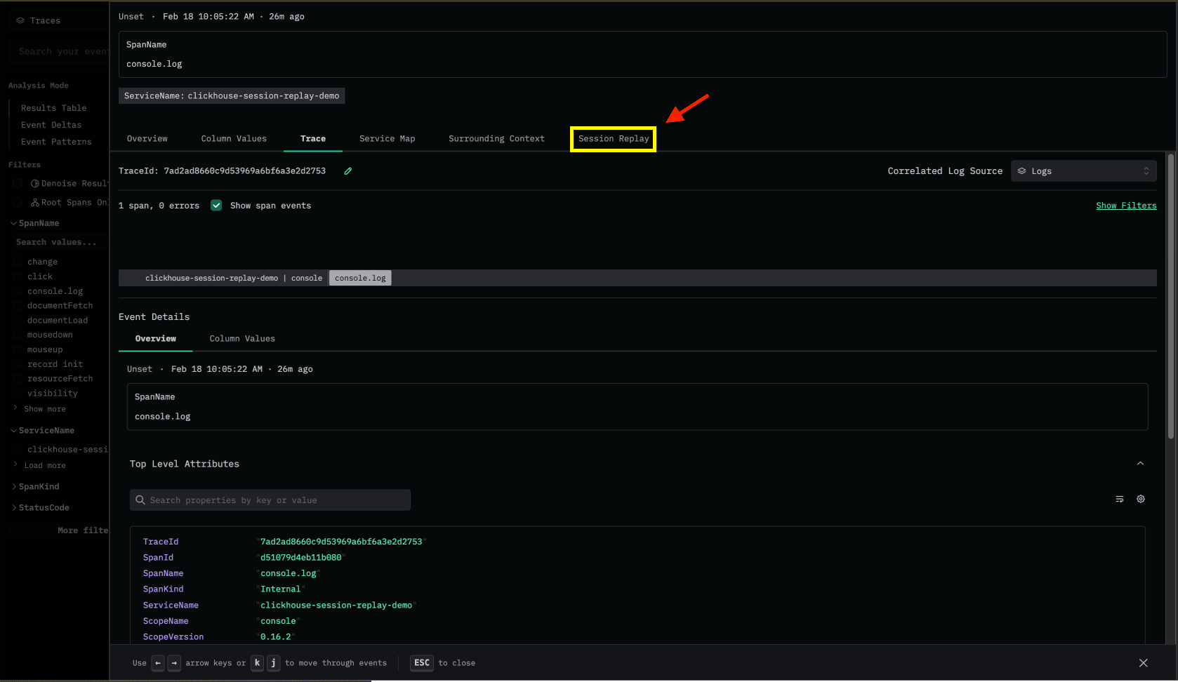 Session replay trace view