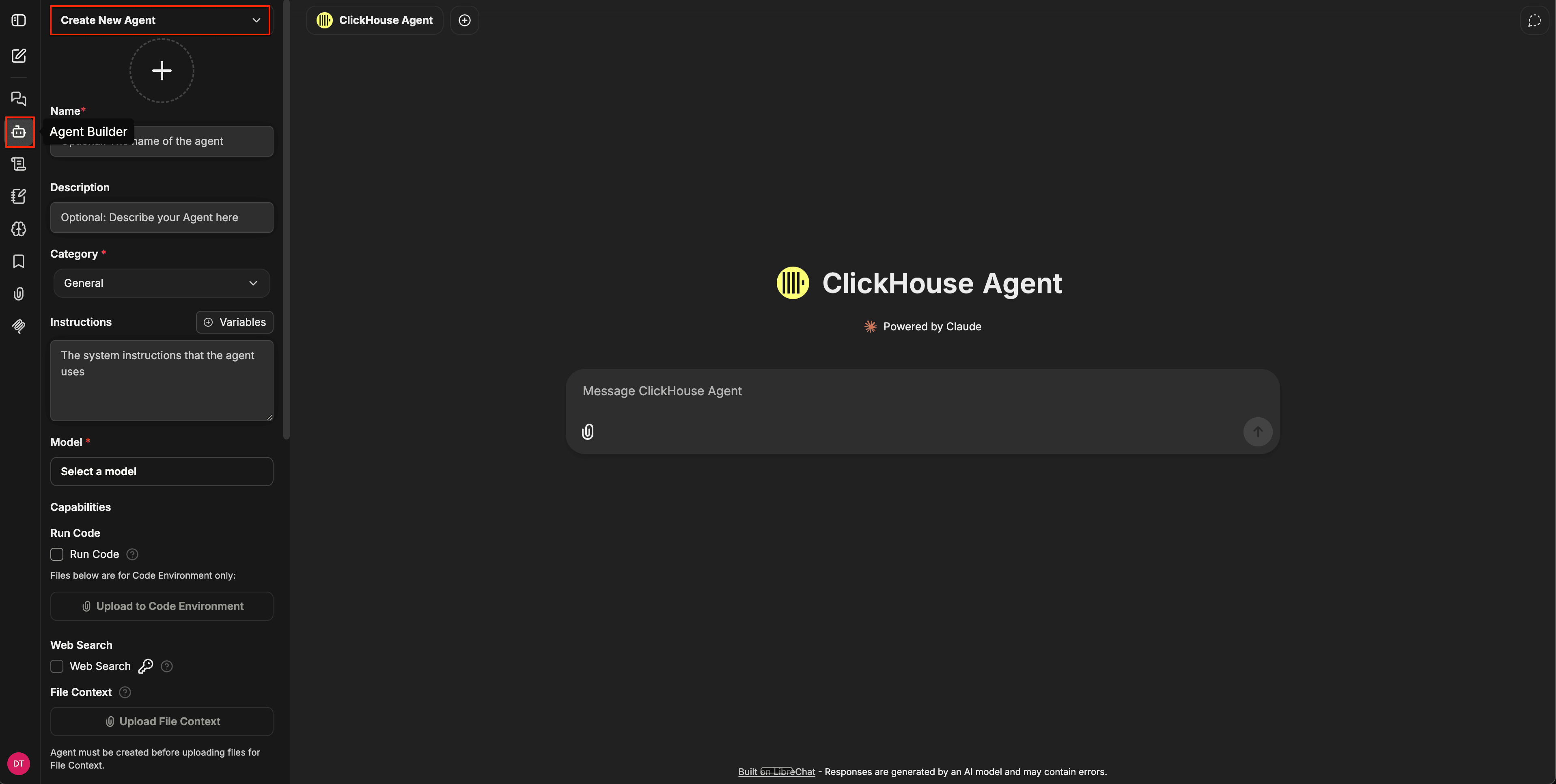Agent Builder panel showing the Create New Agent dropdown, the form fields (Name, Description, Category, Instructions, Model), and the Capabilities section