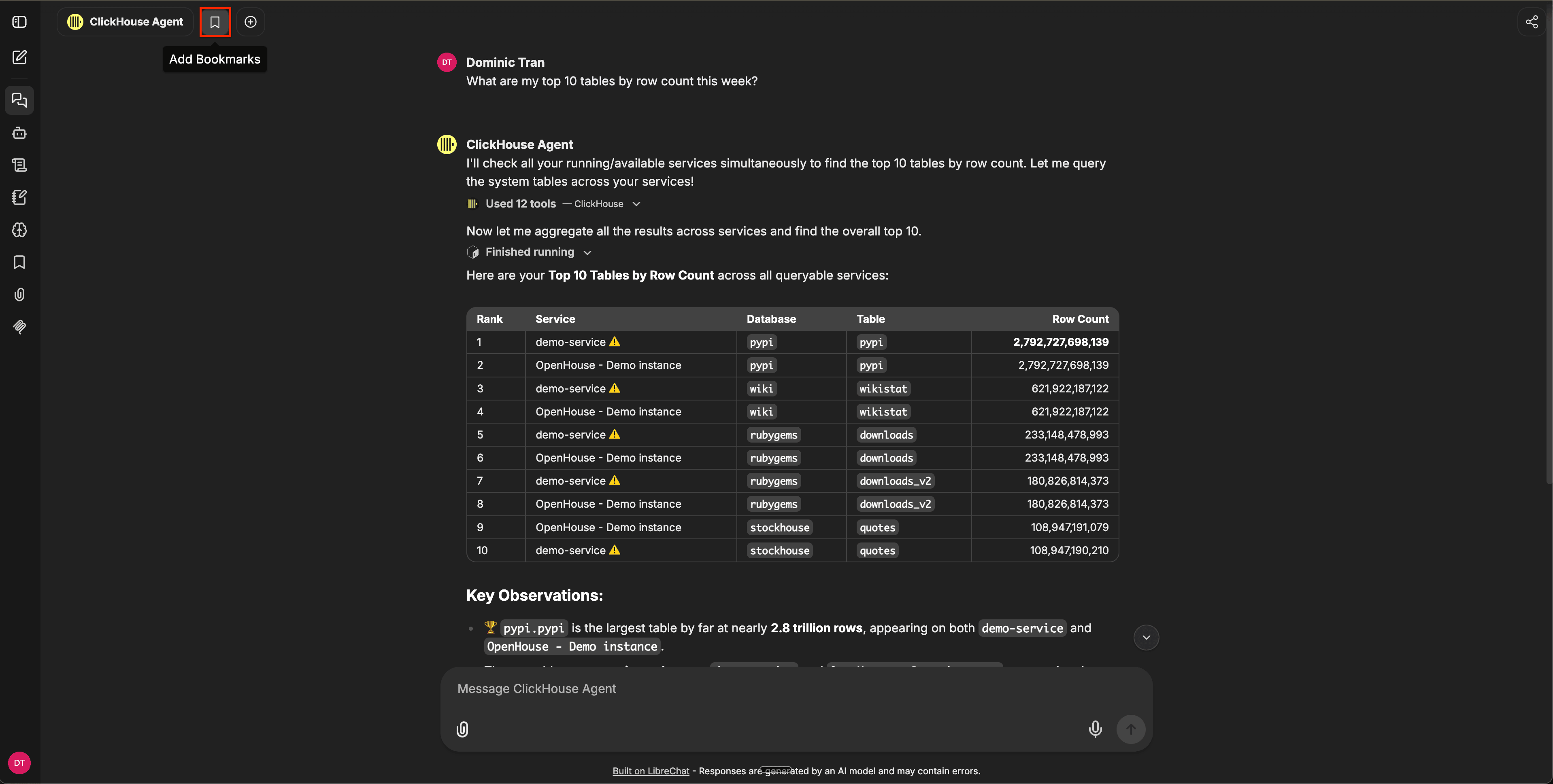 Chat header with the bookmark icon highlighted and an Add Bookmarks tooltip visible