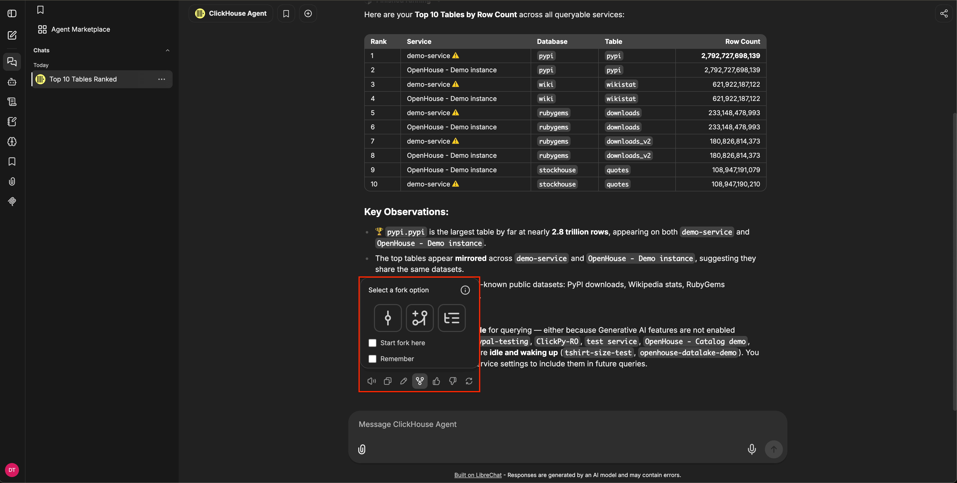 Select a fork option dialog showing three fork mode icons, Start fork here and Remember checkboxes, and the message action toolbar below
