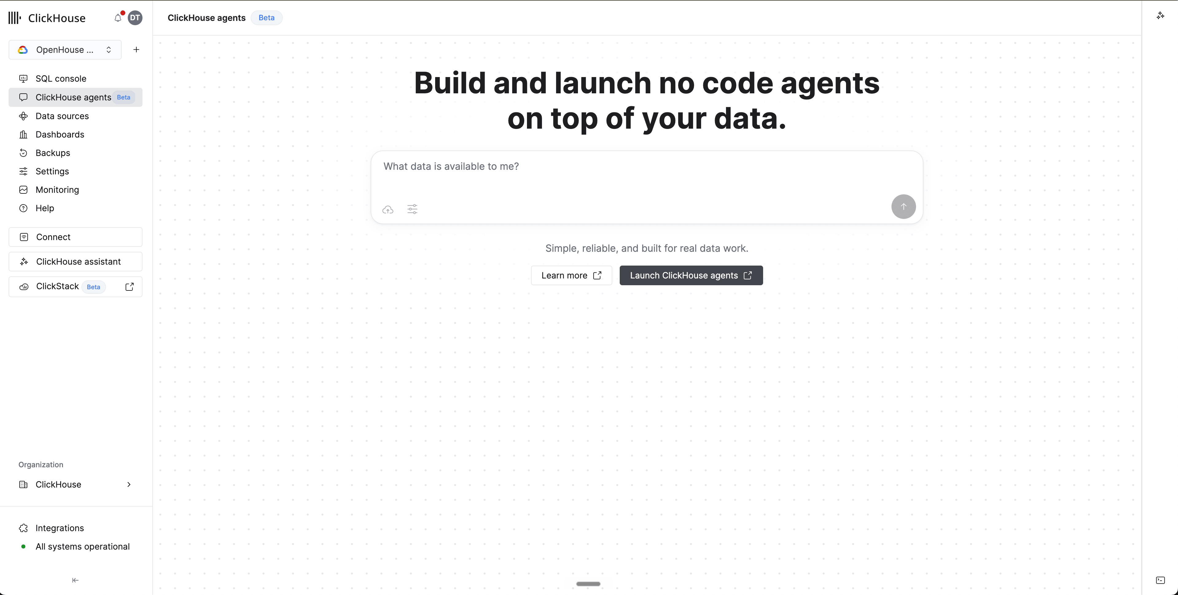 Cloud service navigation with ClickHouse agents (Beta) selected, showing the launchpad with the Launch ClickHouse agents button