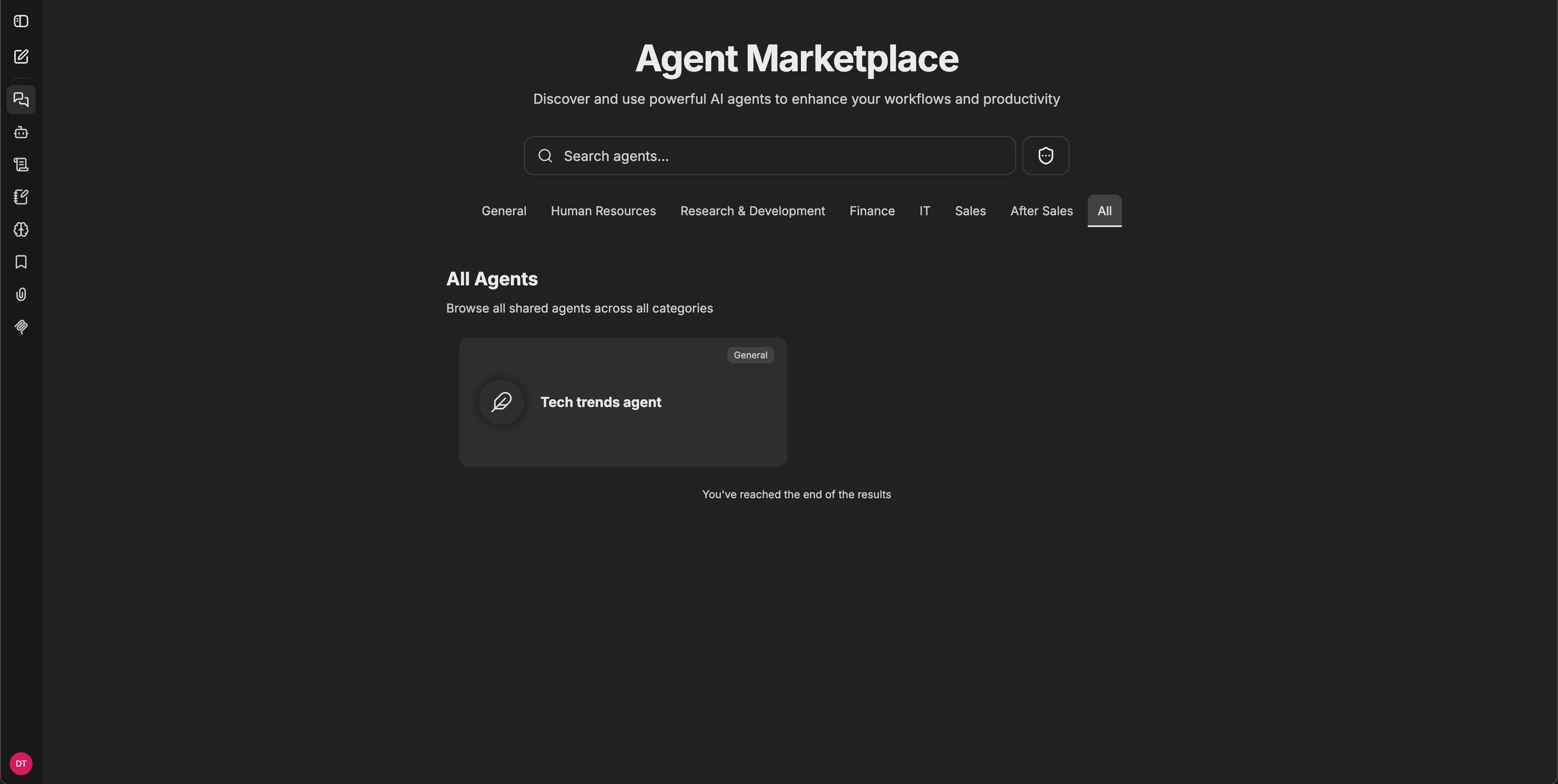 Agent Marketplace view with the title, search bar, category tabs (General, Human Resources, Research and Development, Finance, IT, Sales, After Sales, All), and an agent card visible