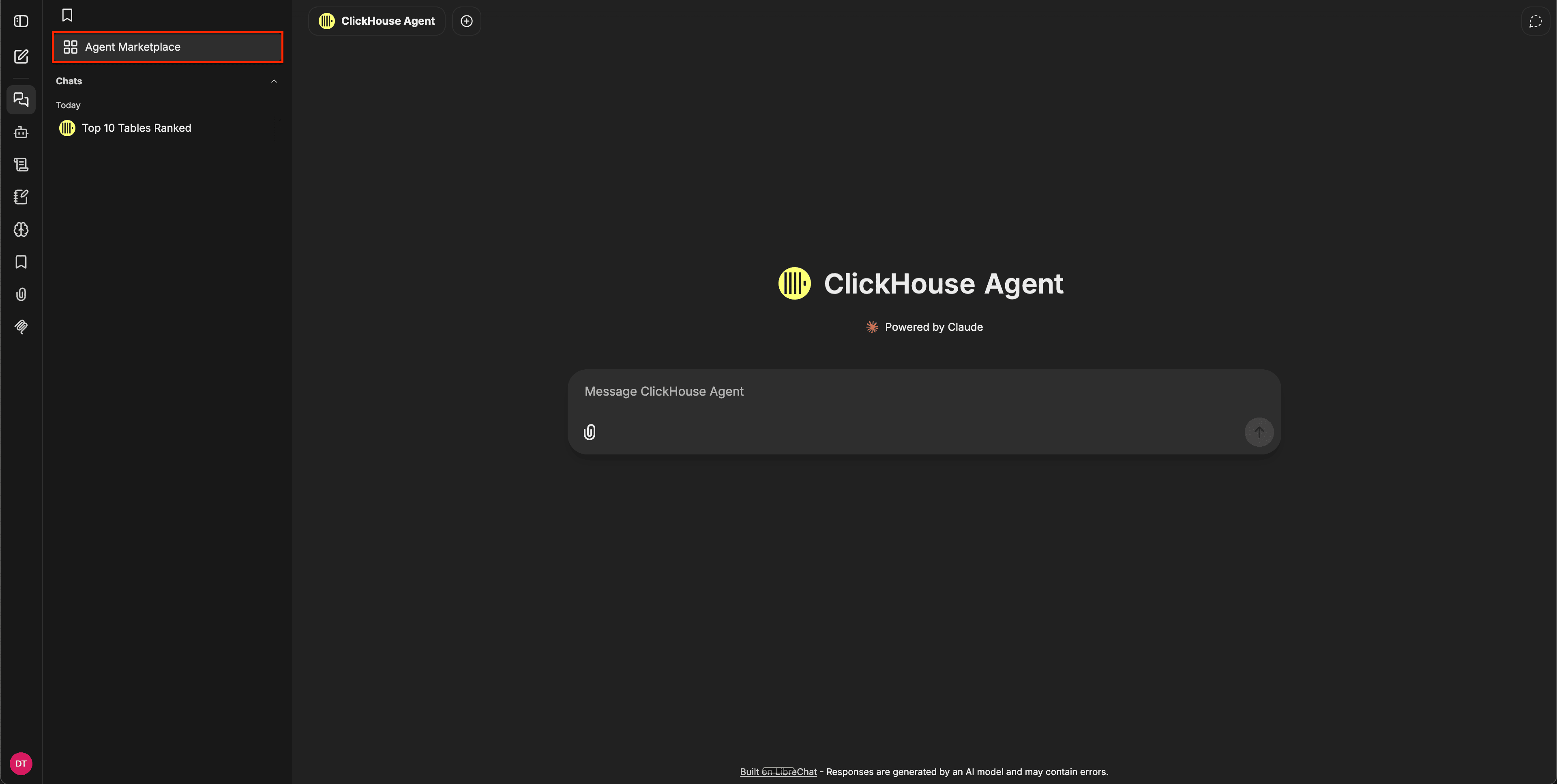 Chat surface with the Agent Marketplace option highlighted in the left sidebar