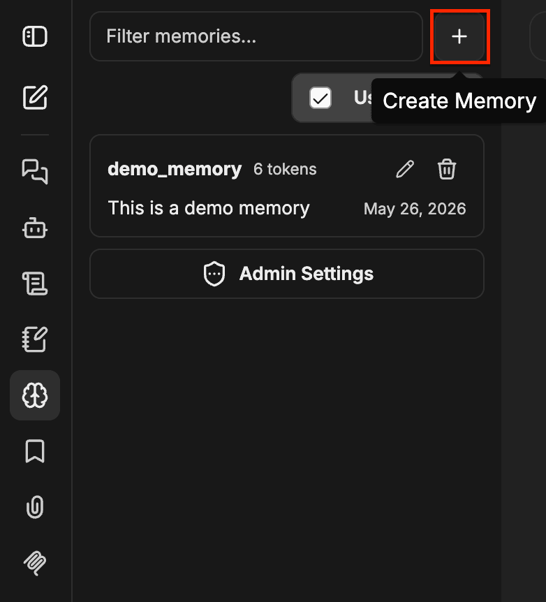 Memory panel with the Create Memory + button highlighted
