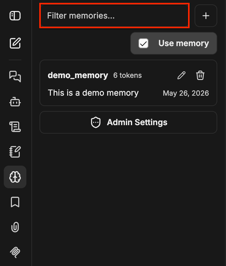 Memory panel with the Filter memories input highlighted and 'demo' typed in