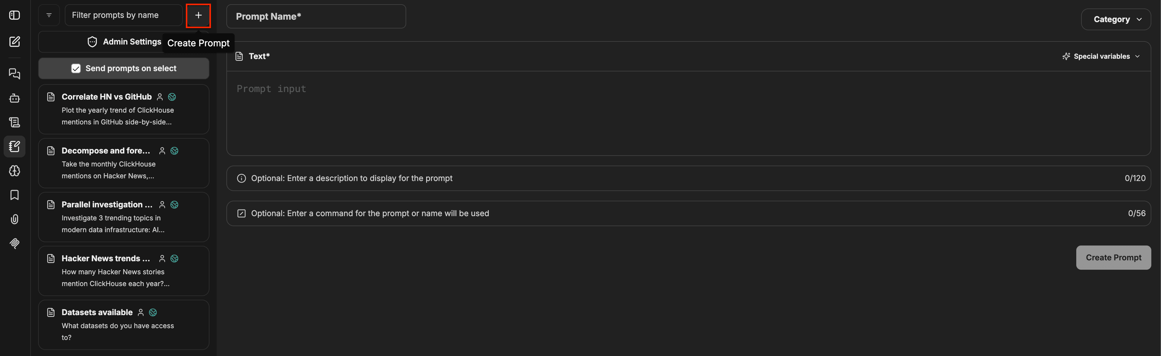 Prompts panel with the + button highlighted on the left and the Create Prompt form open on the right showing Prompt Name, Text, Category, Special variables, Description, and Command fields, with a Create Prompt button