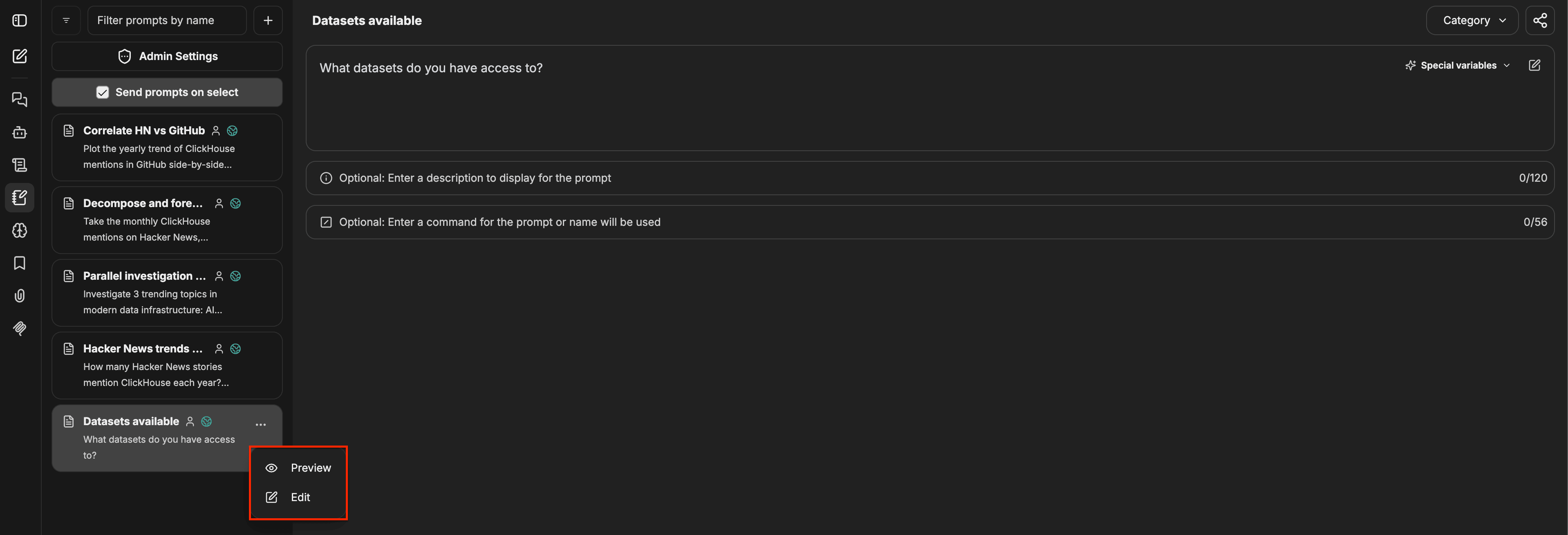 Prompts panel with a prompt selected, its details visible on the right, and a context menu showing Preview and Edit options