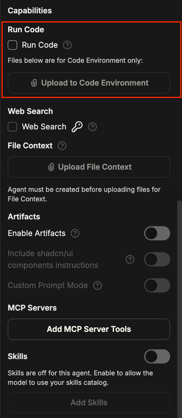 Run Code section of the Capabilities panel with the Run Code checkbox enabled and an Upload to Code Environment button