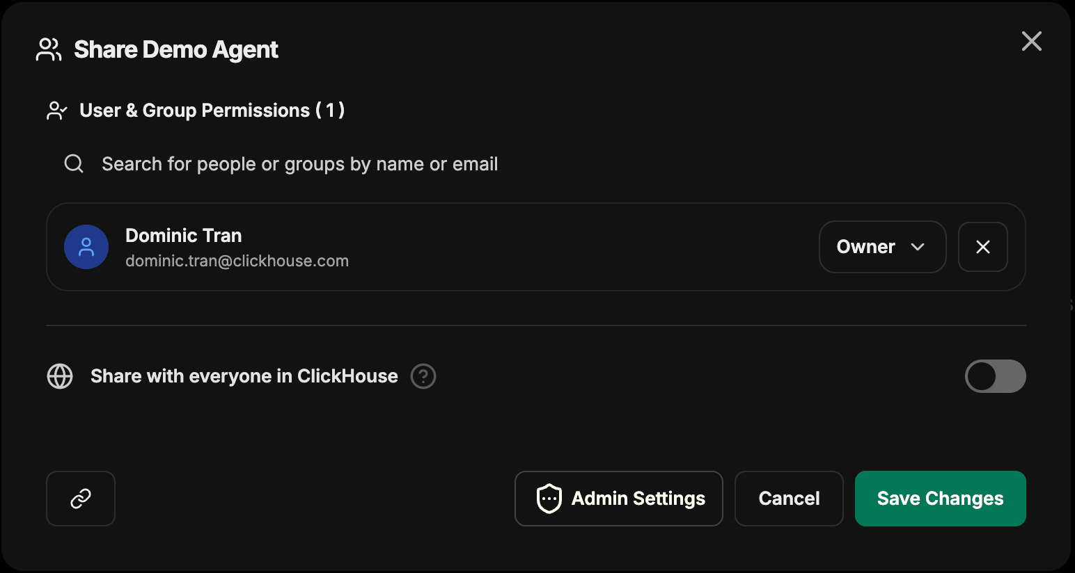 Share modal with User and Group Permissions section, a search input, an existing user with an Owner role, a Share with everyone in ClickHouse toggle, and Cancel and Save Changes buttons