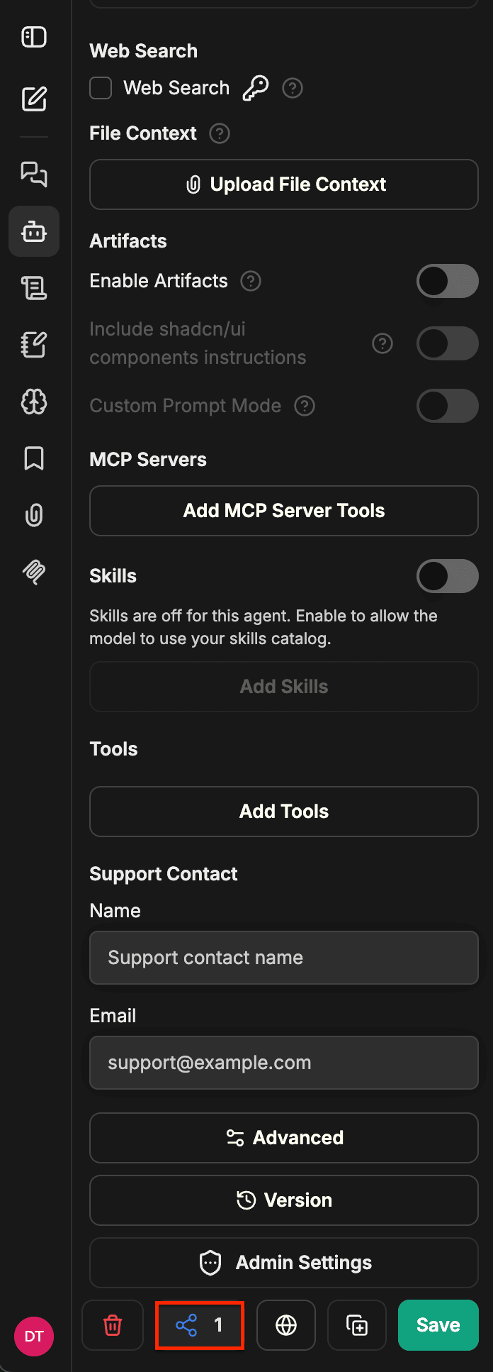 Bottom of the Agent Builder panel with the share icon highlighted and a badge showing one shared principal