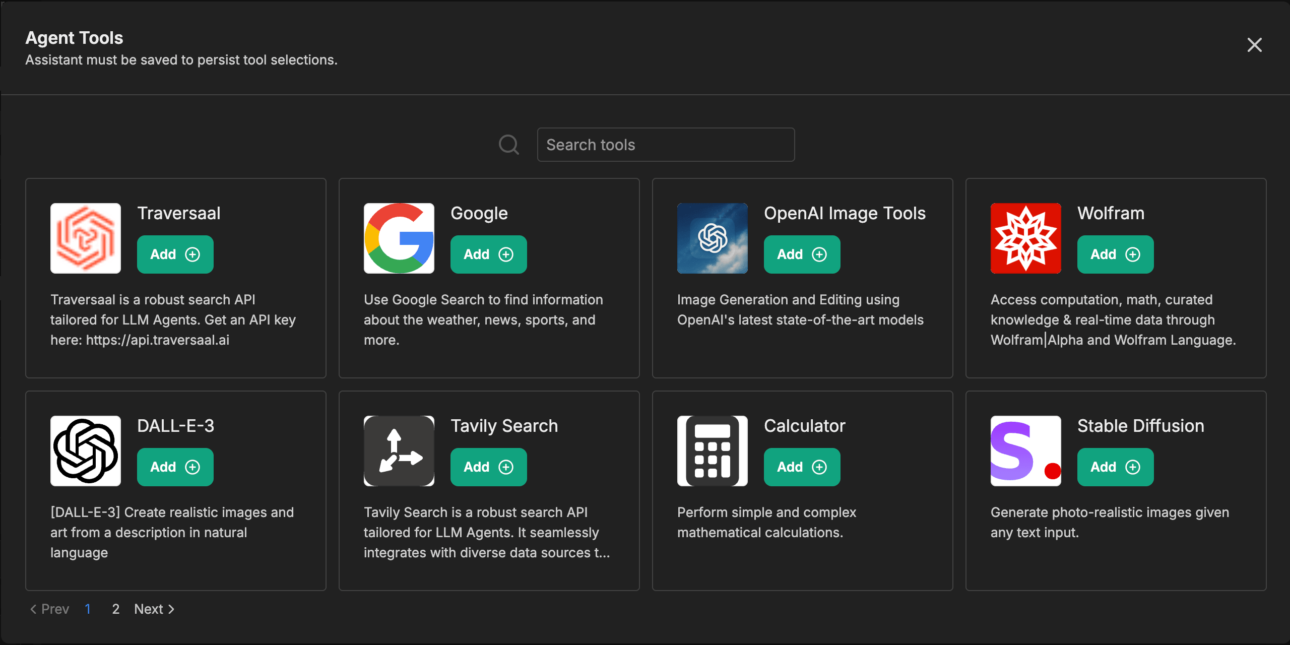 Agent Tools modal showing a grid of third-party integrations including Google, OpenAI Image Tools, Wolfram, DALL-E-3, Tavily Search, Calculator, and Stable Diffusion