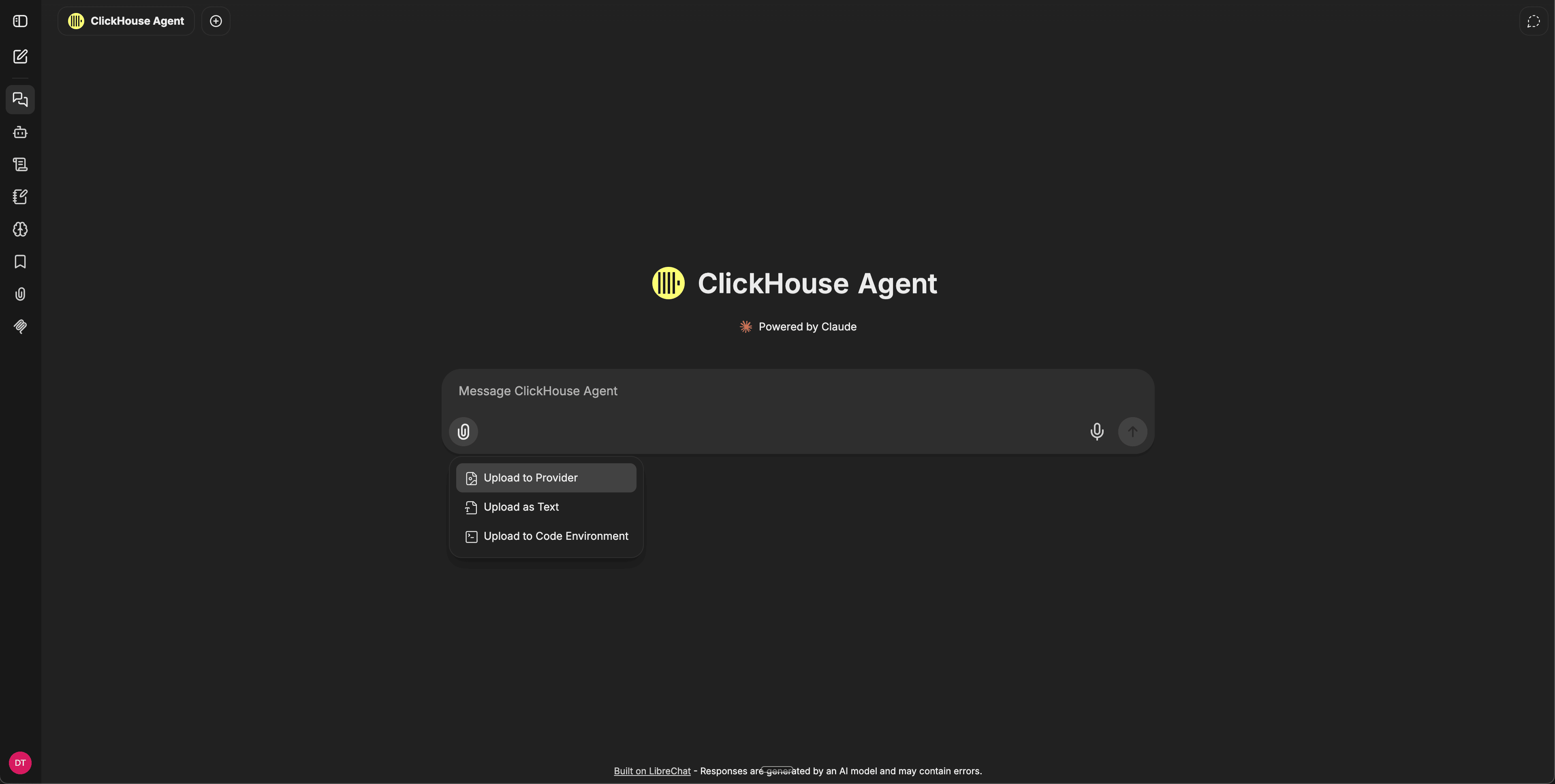 Message composer with the paperclip menu open showing Upload to Provider, Upload as Text, and Upload to Code Environment options