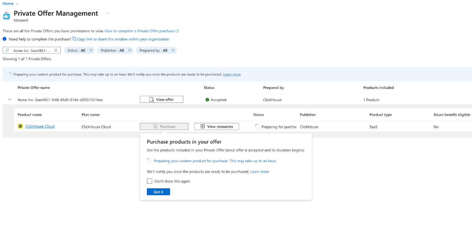 Azure Marketplace Private Offer Management page