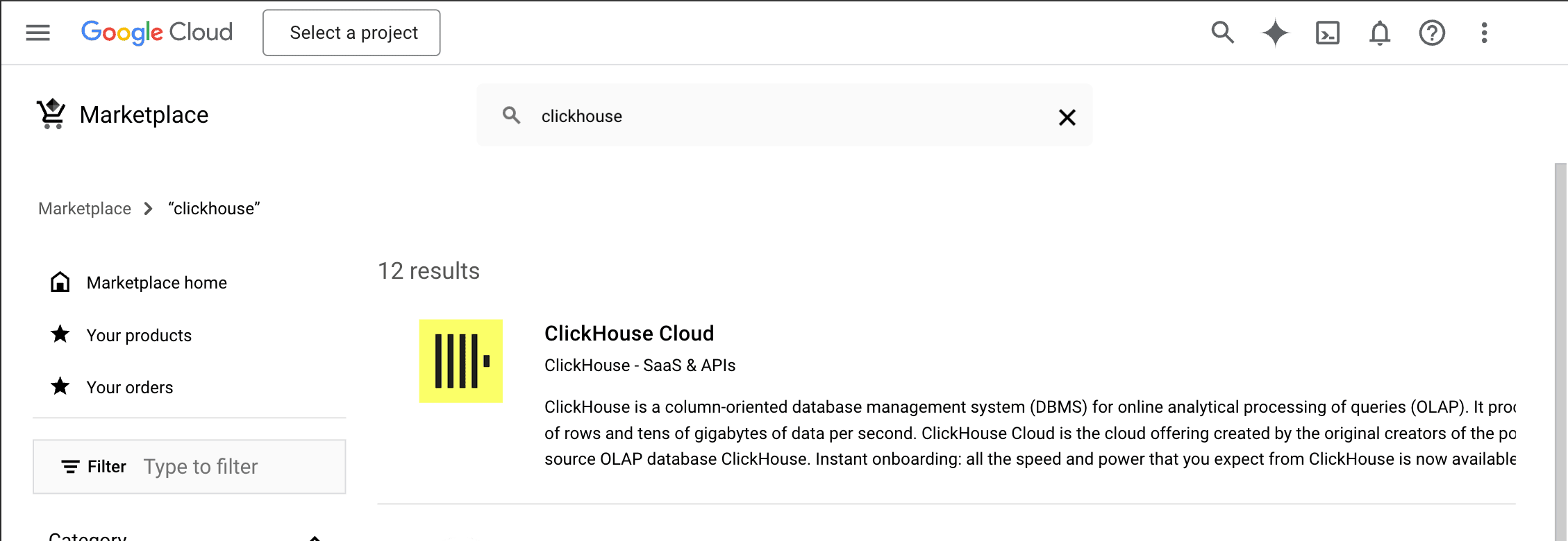 GCP Marketplace home page