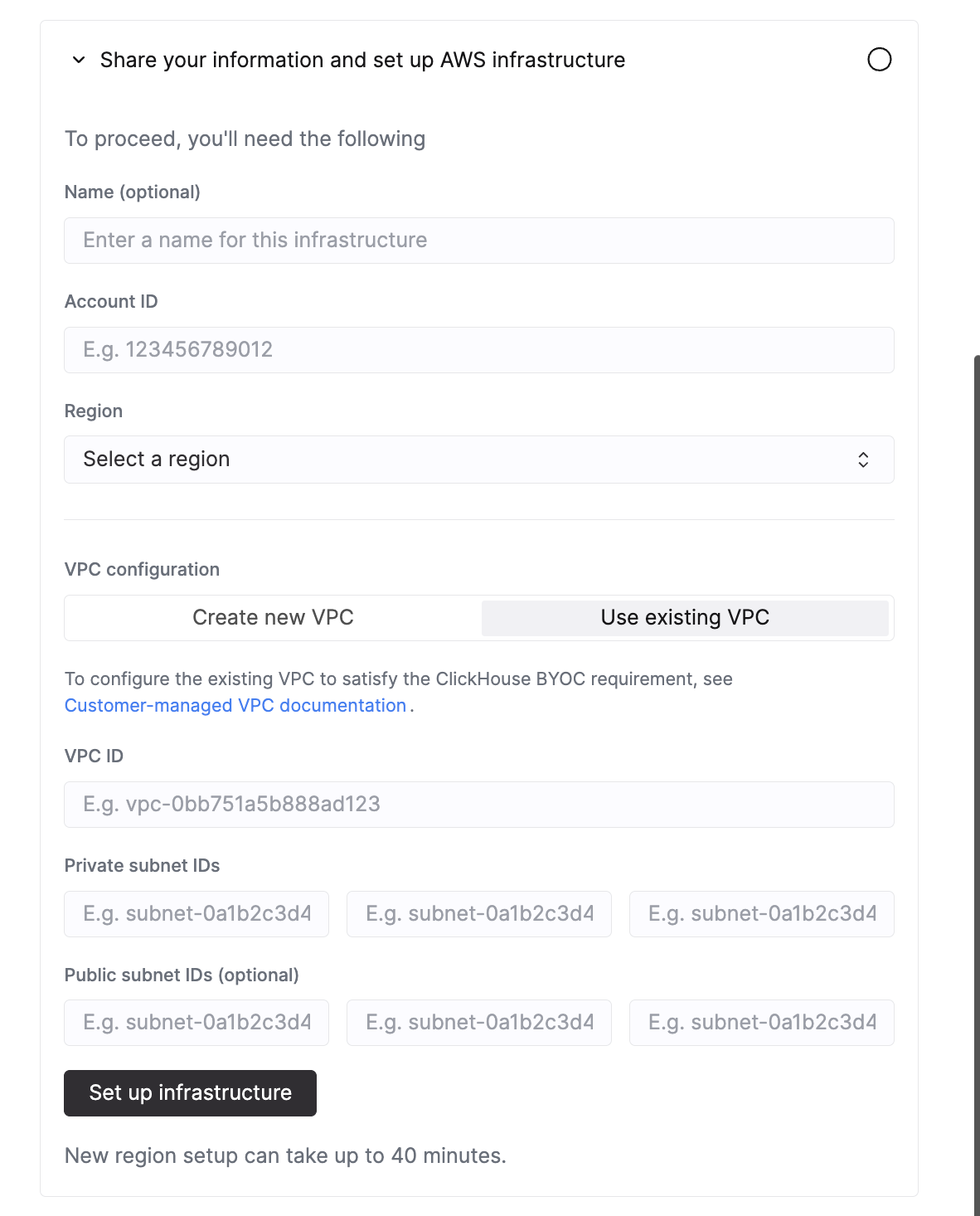 ClickHouse Cloud BYOC setup UI with Use existing VPC selected