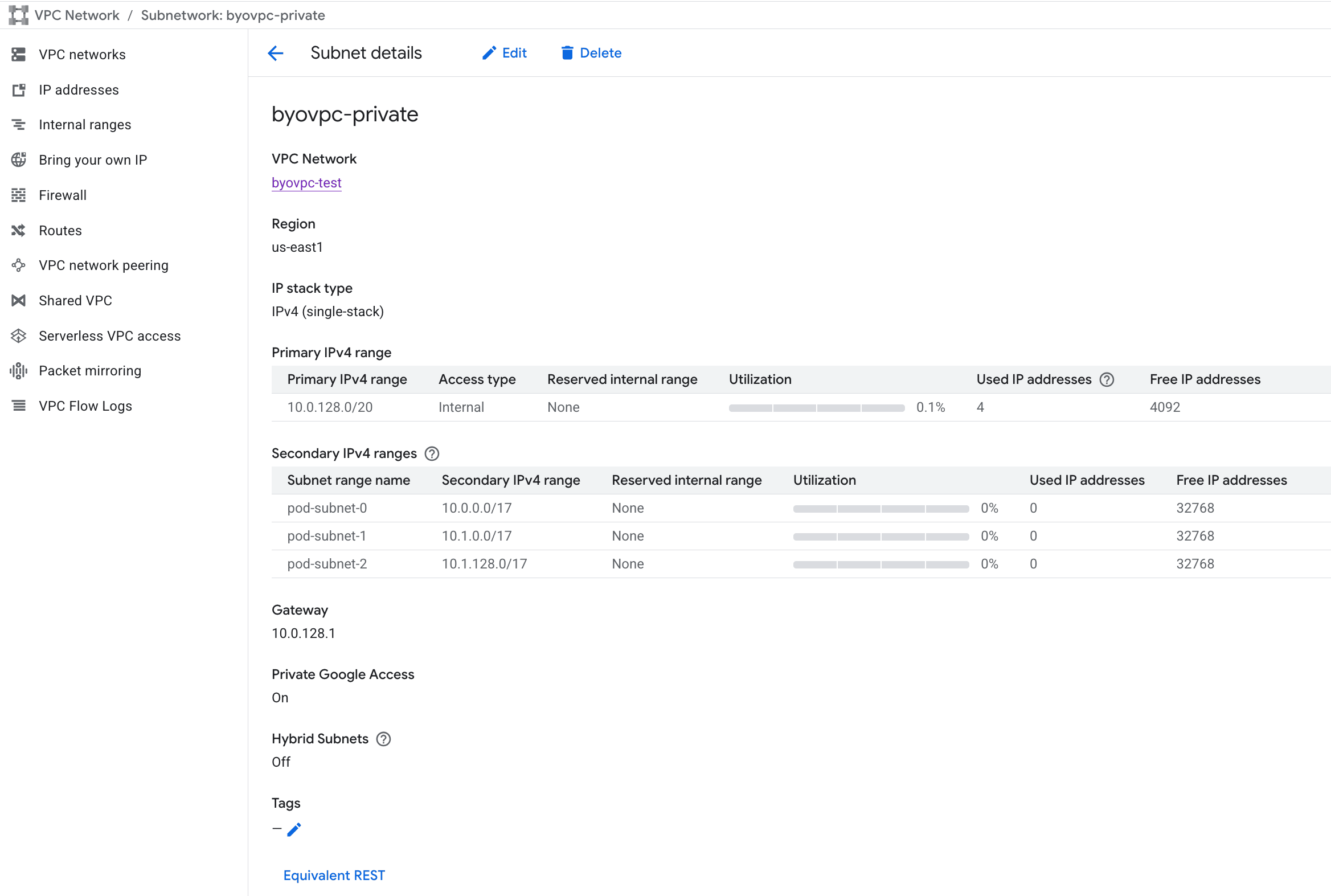 BYOC GCP Subnet details showing primary and secondary IPv4 ranges with Private Google Access enabled