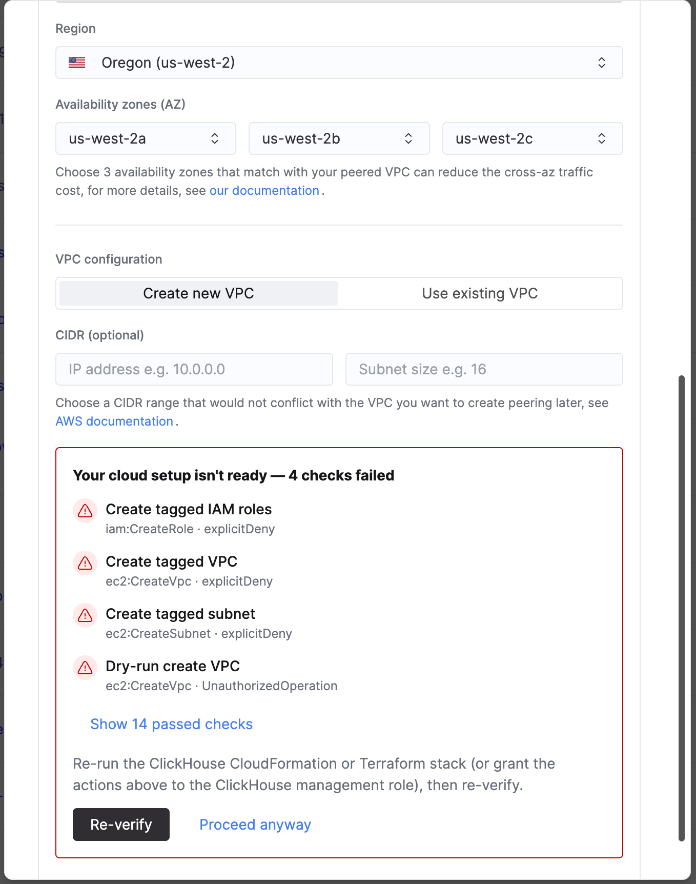 BYOC pre-flight validation reporting failed cloud-setup checks