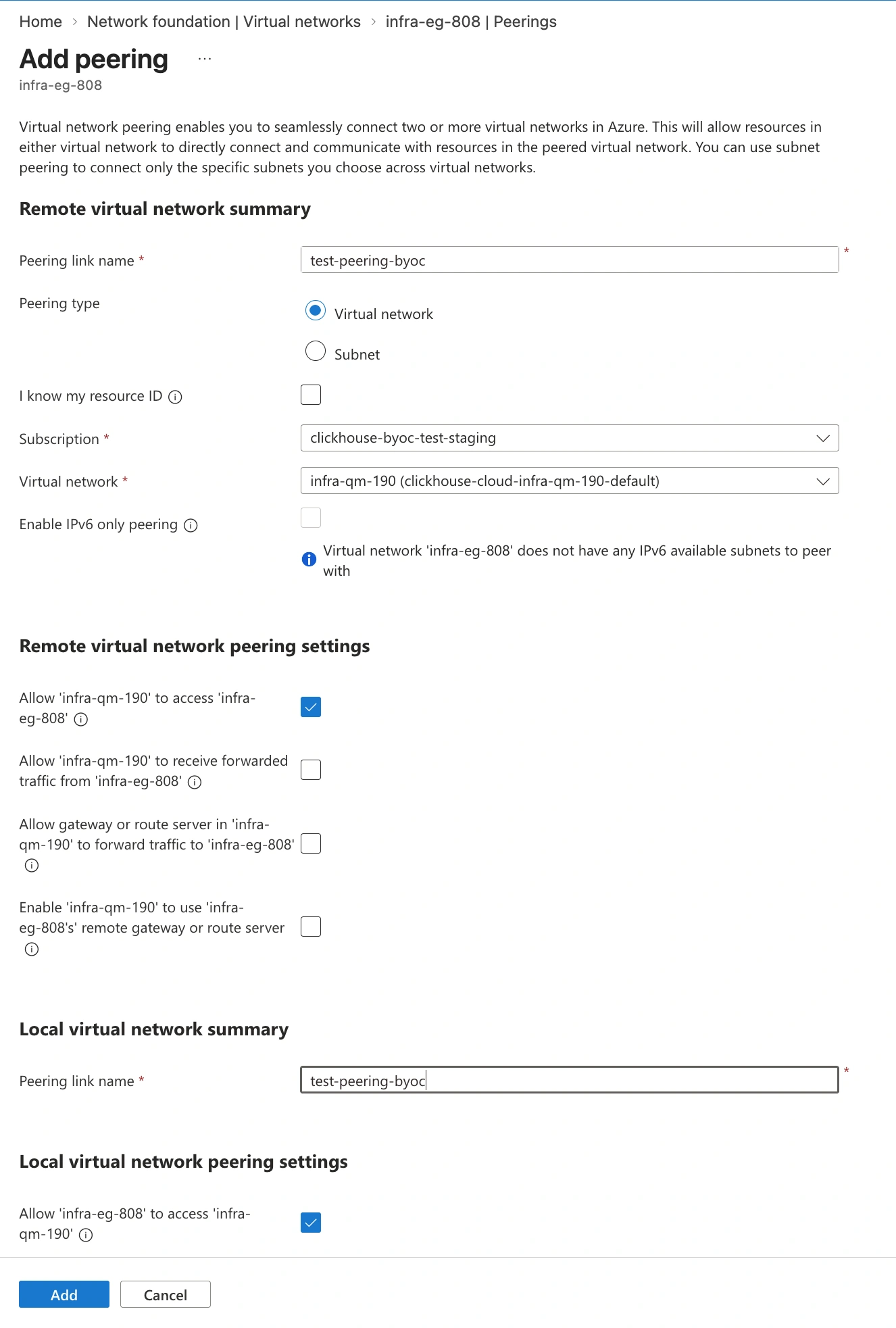 BYOC configure VNet peering