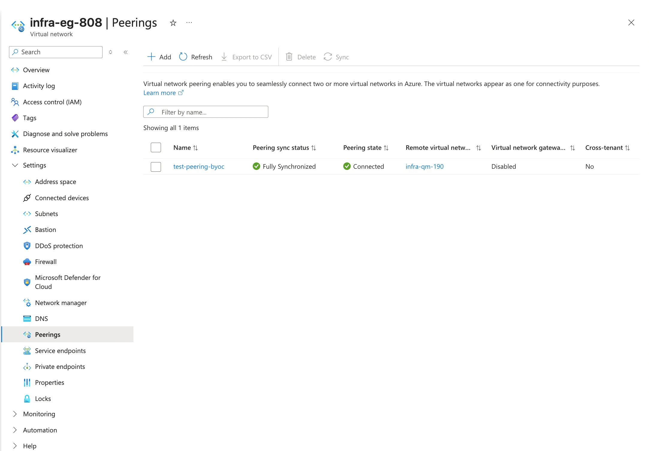 BYOC Verify VNet peering