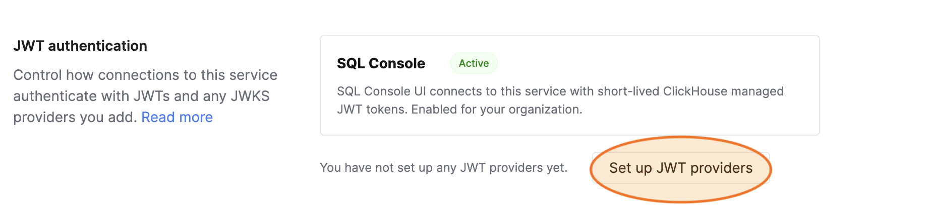 JWT authentication section in service security settings