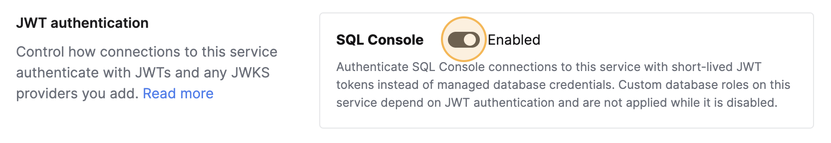 JWT authentication card with the SQL Console toggle enabled