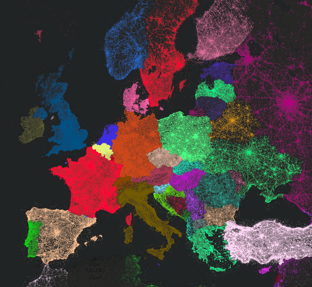 Map of Europe with points of interest categorised by country