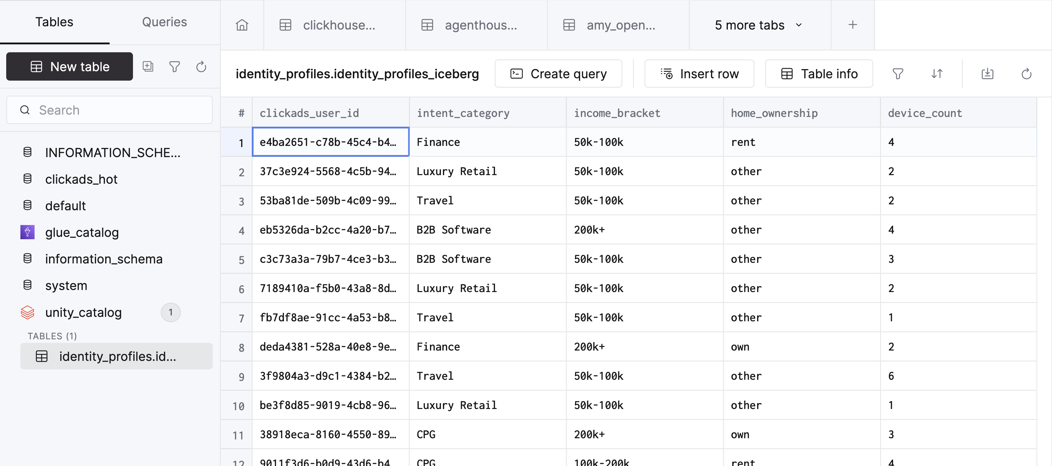 مستعرض الجداول في وحدة تحكم SQL يعرض جداول الكتالوج