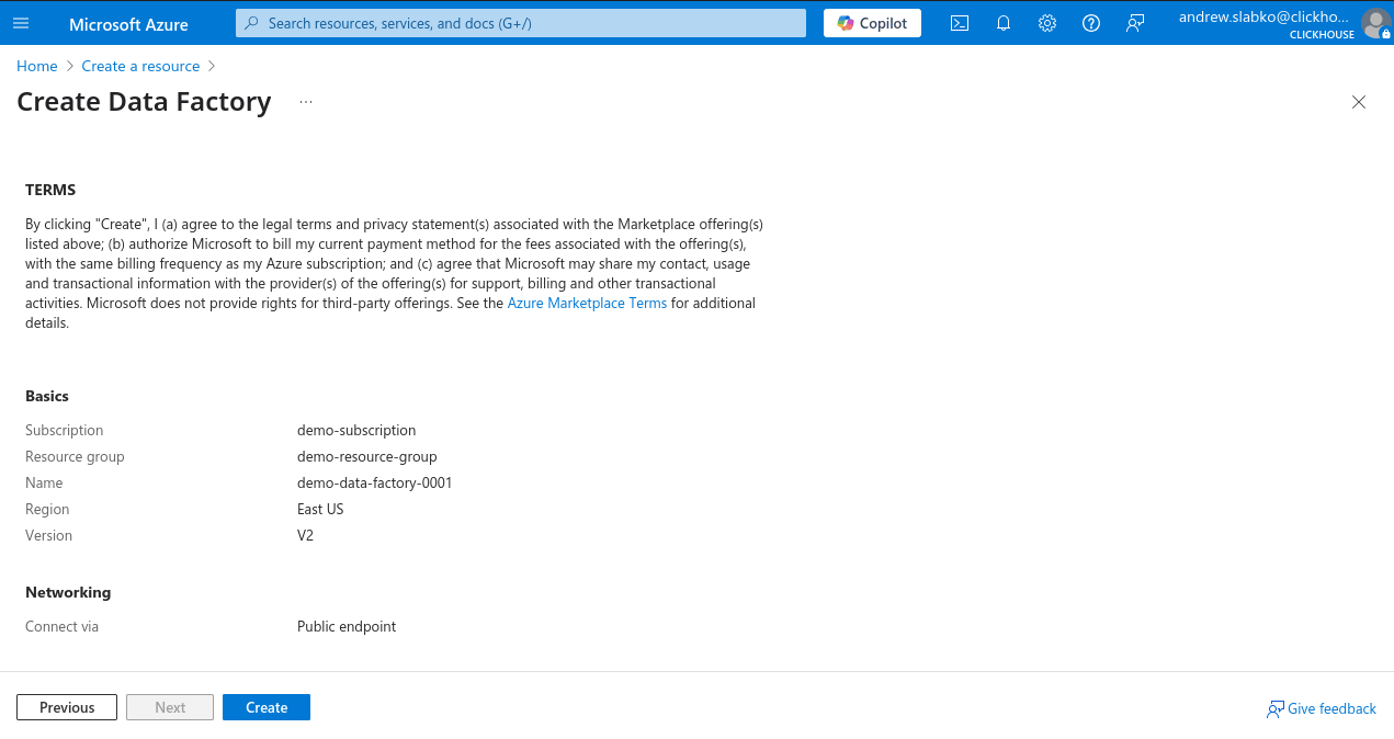 Azure Portal New Data Factory Confirm