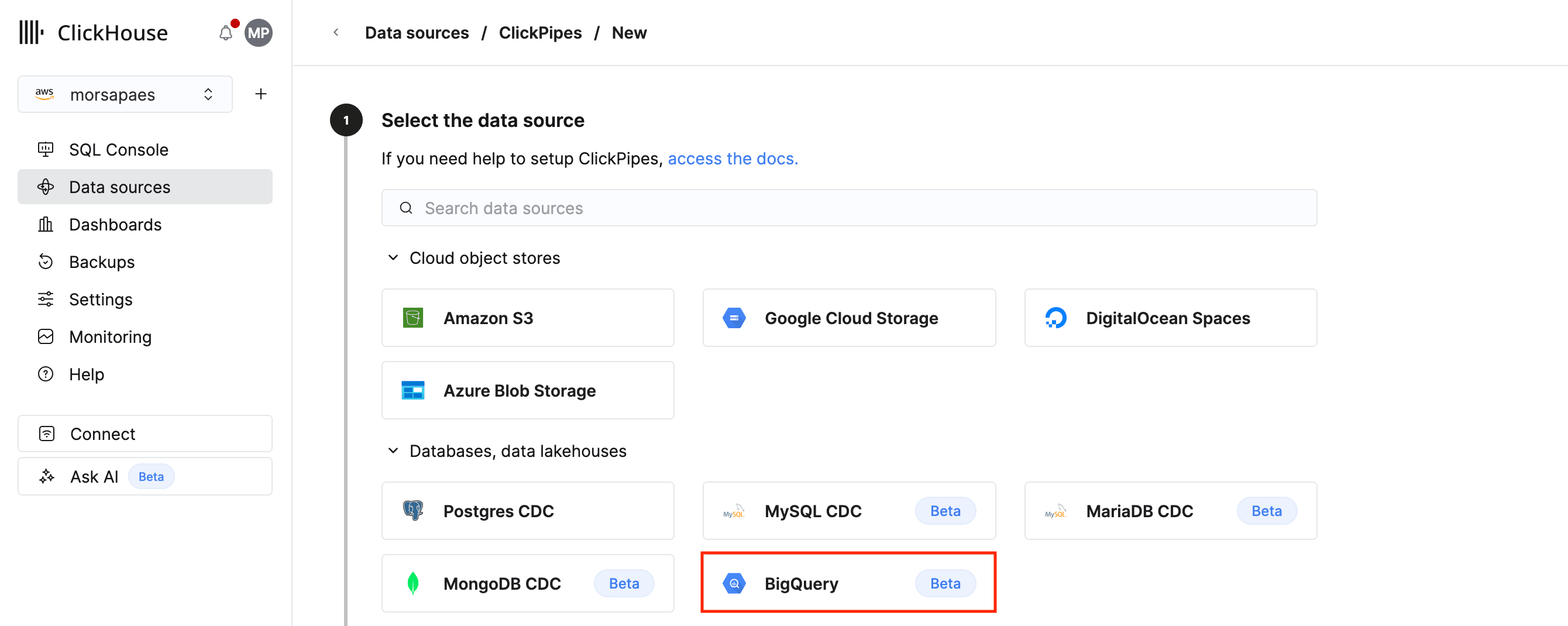 اختر لوحة BigQuery