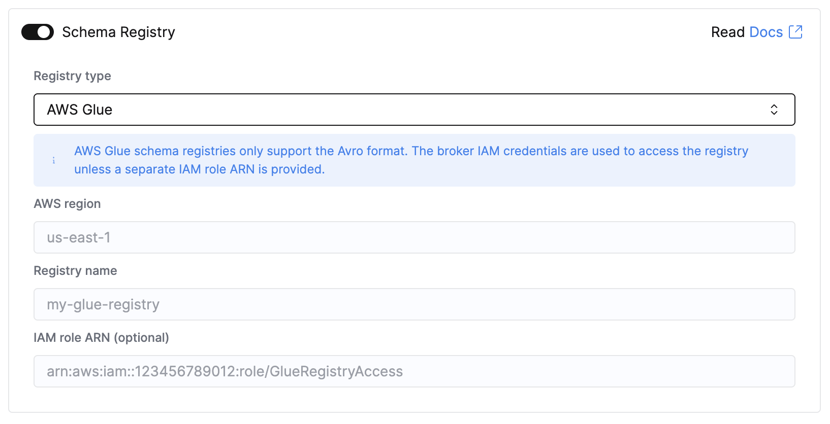 Panel de registro de esquemas con AWS Glue seleccionado